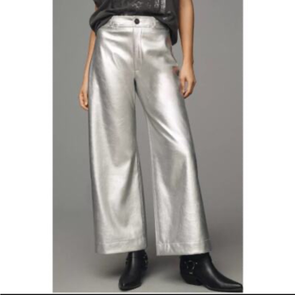 Anthropologie Colette Wide-Leg Faux Leather Pants in Metallic Silver